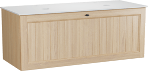 Balmani Lemon hängendes Möbelstück Set: 135 x 55 cm, Naturbelassene Eiche Furnier, mit Facetta Doppel Waschtischplatte, Weiß matt