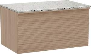 Balmani Forma hängendes Möbelstück Set: 90 x 55 cm, Naturbelassene Eiche, mit Stretto Einzel Waschtischplatte, Terrazzo in Weiß/Schwarz matt, Horizontale symmetrische gerade Rippe