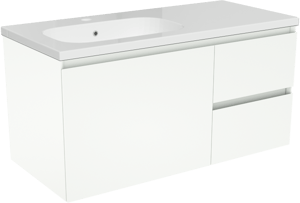 Storke Edge zwevend badkamermeubel 100 x 46 cm mat wit met Planza asymmetrisch linkse wastafel in composietmarmer glanzend wit