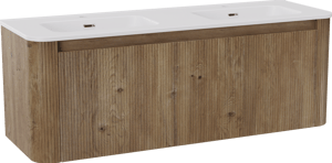 Storke Soft zwevend badkamermeubel 140 x 46 cm ruwe eik met Kera Soft dubbele wastafel in porselein mat wit, Verticale symmetrische rechte ribbel