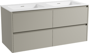 Storke Seda hängendes Möbelstück Set: 130 x 52 cm, Seidengrau, mit Mata Doppelwaschtisch, Solid Surface Weiß matt