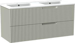 Linie Ribbo meuble salle de bains suspendu 120 x 46 cm greige avec Vano double vasque en marbre composite blanc mat, Nervure circulaire symétrique verticale