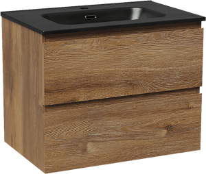 Linie Lado hängendes Möbelstück Set: 70 x 46 cm, Braune Eiche, mit Baro Einzelwaschtisch, Porzellan Schwarz matt