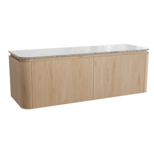 Balmani Moon zwevend badmeubel 160 x 55 cm naturel eiken met Moon enkel of dubbel wastafelblad in terrazzo greige terrazzo