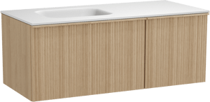 Balmani Forma meuble salle de bains suspendu 120 x 55 cm chêne naturel avec Tablo Arcato plan vasque asymétrique à gauche en solid surface blanc mat, Nervure circulaire asymétrique verticale