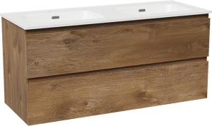 Linie Lado hängendes Möbelstück Set: 120 x 46 cm, Braune Eiche, mit Baro Doppelwaschtisch, Porzellan Weiß glänzend