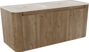 Storke Soft meuble salle de bains suspendu 120 x 46 cm chêne brut avec Mata Soft double vasque en Solid Surface beige granite, Nervure droite symétrique verticale