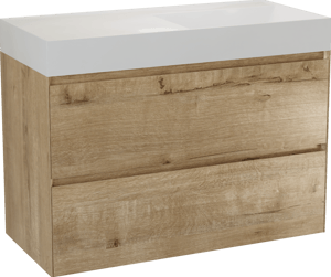 Balmani Mitra Compact hängendes Möbelstück Set: 100 x 46 cm, Eiche Rau, mit Argila Waschtisch rechts Marmorkomposit Weiβ glänzend