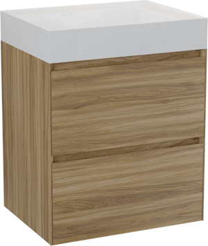 Balmani Mitra Compact hängendes Möbelstück Set: 60 x 46 cm, Wildeiche, mit Argila Waschtisch links Marmorkomposit Weiβ glänzend