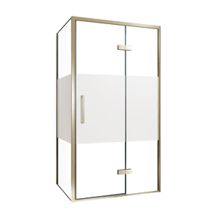Balmani Senses Design Eckdusche: Drehtür (Rechts) mit fixierte Seitenwand, 100 x 100 cm, Klarglas mit mattiertem Streifen, Profil Brushed Champagner Gold