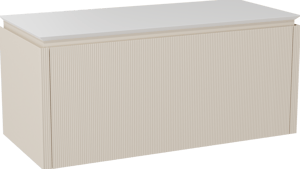 Balmani Eclips zwevend badmeubel 120 x 55 cm Sandbeige met Eclips enkel of dubbel wastafelblad in Solid Surface mat wit, Verticale symmetrische rechte ribbel