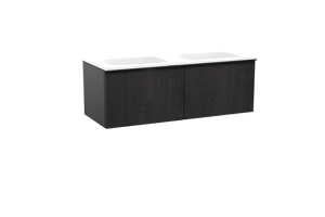 Balmani Forma meuble salle de bains suspendu 135 x 55 cm chêne noir avec Tablo Strada double vasque en marbre composite blanc mat, Nervure droite symétrique verticale