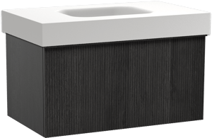 Balmani Forma zwevend badkamermeubel 90 x 55 cm zwarte eik met Arcato enkele wastafel in solid surface mat wit, Verticale symmetrische rechte ribbel