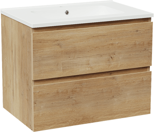 Linie Lado hängendes Möbelstück Set: 70 x 46 cm, Naturbelassene Eiche, mit Vano Einzelwaschtisch, Marmorkomposit Weiß matt