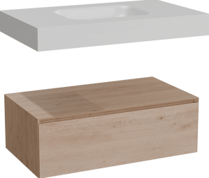 Balmani Mitra Elements hängendes Möbelstück Set: 90 x 55 cm, Naturbelassene Eiche mit Arcato Einzelwaschtisch, Solid Surface Weiß matt