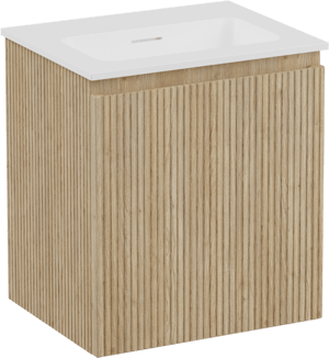 Storke Ribs zwevend badmeubel 45 x 35 cm ruw eiken met Mata enkele wastafel in solid surface mat wit, Verticale symmetrische rechte ribbel