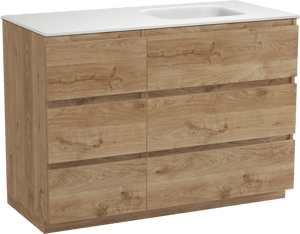 Balmani Lucida staand badkamermeubel 120 x 55 cm ruwe eik met Tablo Arcato asymmetrisch rechtse wastafel in solid surface mat wit