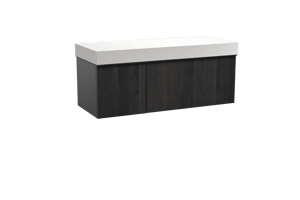 Balmani Forma meuble salle de bains suspendu 135 x 55 cm chêne noir avec Dominus tablette simple ou double en solid surface blanc mat, Nervure droite symétrique verticale