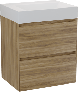 Balmani Mitra Compact hängendes Möbelstück Set: 60 x 46 cm, Wildeiche, mit Argila Waschtisch rechts Marmorkomposit Weiβ matt