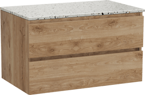 Balmani Lucida zwevend badkamermeubel 90 x 55 cm ruwe eik met Stretto enkel tablet in mat wit/zwart terrazzo