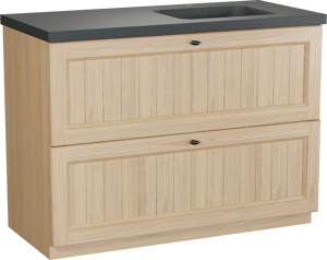 Balmani Lemon freistehendes Möbelstück Set: 120 x 55 cm, Naturbelassene Eiche Furnier, mit Napoli Waschtisch rechts, Schwarzes Granit