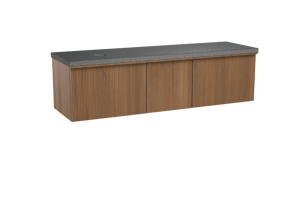 Balmani Forma hängendes Möbelstück Set: 180 x 55 cm, Teak, mit Rock Doppel Waschtischplatte, Granit, Schwarzes Granit, Vertikale symmetrische gerade Rippe