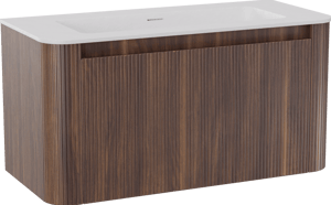 Storke Soft zwevend badkamermeubel 100 x 46 cm notelaar met Mata Soft enkele wastafel in solid surface mat wit, Verticale symmetrische rechte ribbel