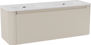 Storke Soft zwevend badkamermeubel 140 x 46 cm Sand mat met Kera Soft dubbele wastafel in porselein mat wit, Verticale symmetrische rechte ribbel