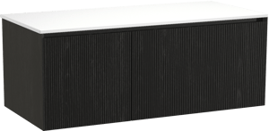 Balmani Fila zwevend badkamermeubel 120 x 55 cm zwarte eik met Stretto enkel of dubbel tablet in solid surface mat wit, Verticale symmetrische rechte ribbel