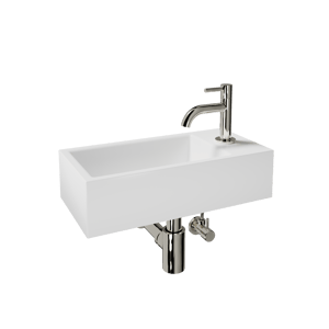 Luca Varess Cubic Handwaschbecken Set, Keramik weiß glänzend, 40,5 x 20 cm, Rechts, inklusive Chrom Wasserhahn und Zubehör