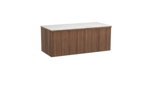 Balmani Forma zwevend badmeubel 120 x 55 cm amerikaans notenhout met Stretto enkel of dubbel wastafelblad in marmer carrara, Verticale asymmetrische ronde ribbel