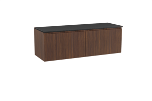 Storke Ribs zwevend badmeubel 150 x 52 cm notenhout met Panton enkel of dubbel wastafelblad in gepoedercoate mdf mat zwart, Verticale symmetrische rechte ribbel