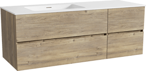 Storke Edge zwevend badkamermeubel 140 x 52 cm ruwe eik met Mata asymmetrisch linkse wastafel in solid surface mat wit