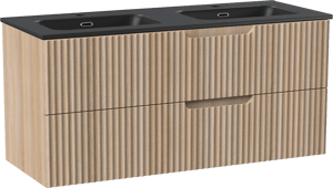 Linie Ribbo meuble salle de bains suspendu 120 x 46 cm chêne clair avec Baro double vasque en porcelaine noir mat, Nervure circulaire symétrique verticale