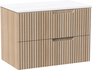 Linie Ribbo zwevend badmeubel 80 x 46 cm licht eiken met Lado enkel wastafelblad in composietmarmer hoogglans wit, Verticale symmetrische ronde ribbel