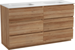 Balmani Lucida freistehendes Möbelstück Set: 150 x 55 cm, Teak, mit Tablo Arcato Doppelwaschtisch, Solid Surface Weiß matt