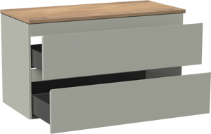 Linie Lado zwevend badkamermeubel 100 x 46 cm greige met Lado enkel of dubbel tablet in melamine natuur eik