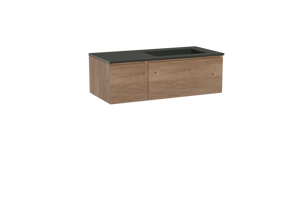 Storke Edge meuble salle de bains suspendu 110 x 52 cm chêne brut avec Scuro plan vasque asymétrique à droite en quartz noir mat
