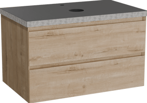 Balmani Mitra hängendes Möbelstück Set: 90 x 55 cm, Rohe Eiche, mit Rock Einzel Waschtischplatte, Schwarzes Granit