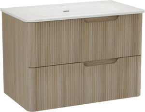 Linie Curvo hängendes Möbelstück Set: 80 x 46 cm, Eiche Hell, mit Baro Curvo Einzelwaschtisch Keramik Weiβ glänzend, Vertikale symmetrische runde Rippe