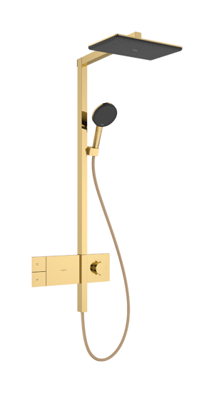 Hansgrohe Raindance Alive Q Showerpipe Duschsystem 210/340 1jet mit Ecosmart Showerselect Comfort, Polished Gold Optic
