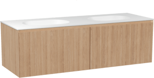 Balmani Fila hängendes Möbelstück Set: 150 x 55 cm, Naturbelassene Eiche, mit Tablo Oval Doppelwaschtisch, Solid Surface, Weiß matt, Vertikale symmetrische gerade Rippe