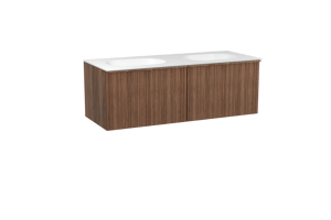 Balmani Forma meuble salle de bains suspendu 135 x 55 cm noyer américain avec Tablo Oval double vasque en solid surface blanc mat, Nervure circulaire asymétrique verticale