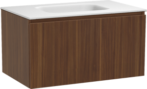 Balmani Sfera zwevend badmeubel 90 x 55 cm amerikaans notenhout met Tablo Arcato enkele wastafel in solid surface mat wit