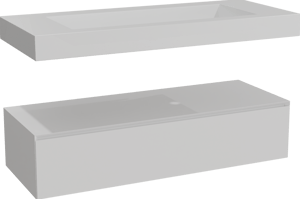 Balmani Mitra Elements zwevend badkamermeubel 135 x 55 cm mat wit met Modus enkele wastafel voor 2 kraangaten in solid surface mat wit