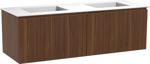 Balmani Sfera zwevend badmeubel 150 x 55 cm amerikaans notenhout met Tablo Stretto dubbele wastafel in solid surface mat wit