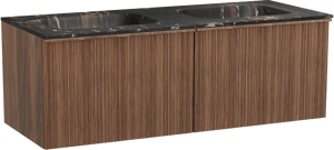 Balmani Forma zwevend badmeubel 135 x 55 cm amerikaans notenhout met Tablo Arcato dubbele wastafel in marmer portoro gold, Verticale asymmetrische ronde ribbel