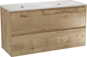 Balmani Mitra Compact hängendes Möbelstück Set: 120 x 46 cm, Eiche Rau, mit Nostra Doppelwaschtisch Keramik Weiβ glänzend