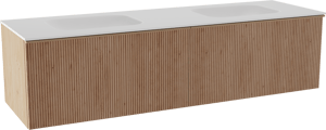 Balmani Forma zwevend badmeubel 180 x 55 cm naturel eiken met Tablo Arcato dubbele wastafel in solid surface mat wit, Verticale symmetrische rechte ribbel