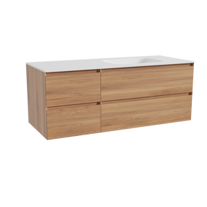 Balmani Mitra hängendes Möbelstück Set: 135 x 55 cm, Teak, mit Tablo Arcato Waschtisch rechts, Solid Surface Weiß matt